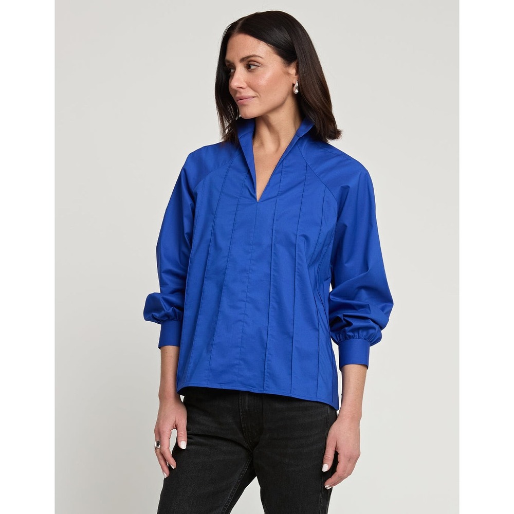 Hinson Wu Harriet Royal Blue Pintuck V-Neck Blouse Stand Collar Size 1 L